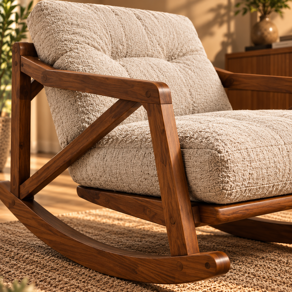 Modern Wooden Rocking Chair with Beige Tufted Cushions, Walnut Finish Frame, Upholstered Lounge Chair for Living Room