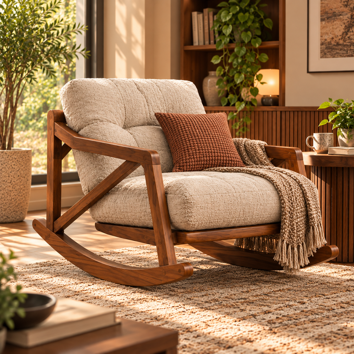Modern Wooden Rocking Chair with Beige Tufted Cushions, Walnut Finish Frame, Upholstered Lounge Chair for Living Room