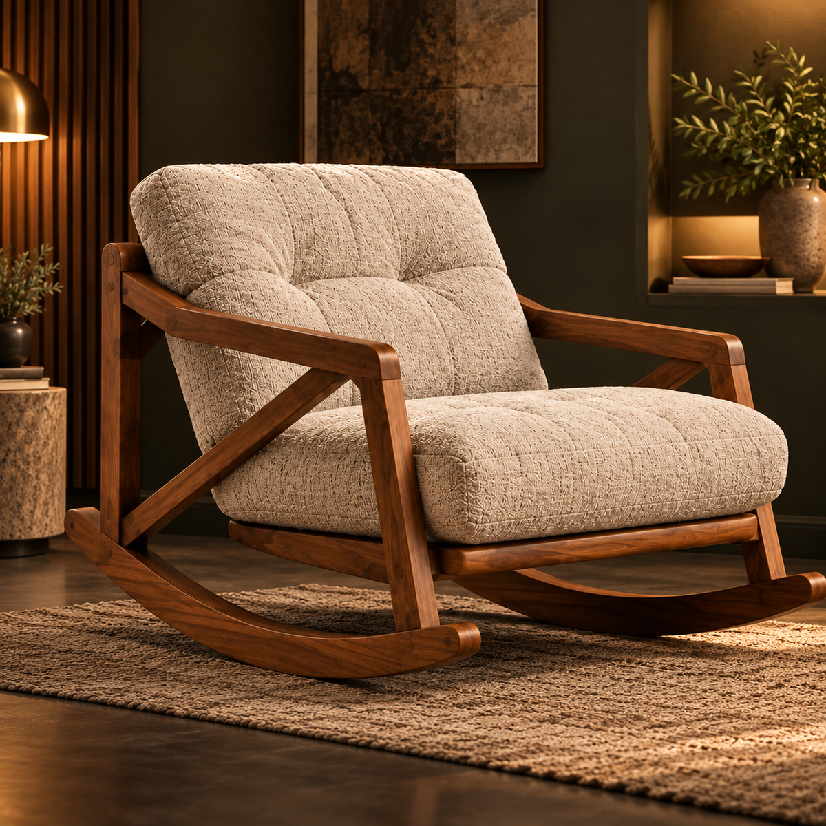 Modern Wooden Rocking Chair with Beige Tufted Cushions, Walnut Finish Frame, Upholstered Lounge Chair for Living Room