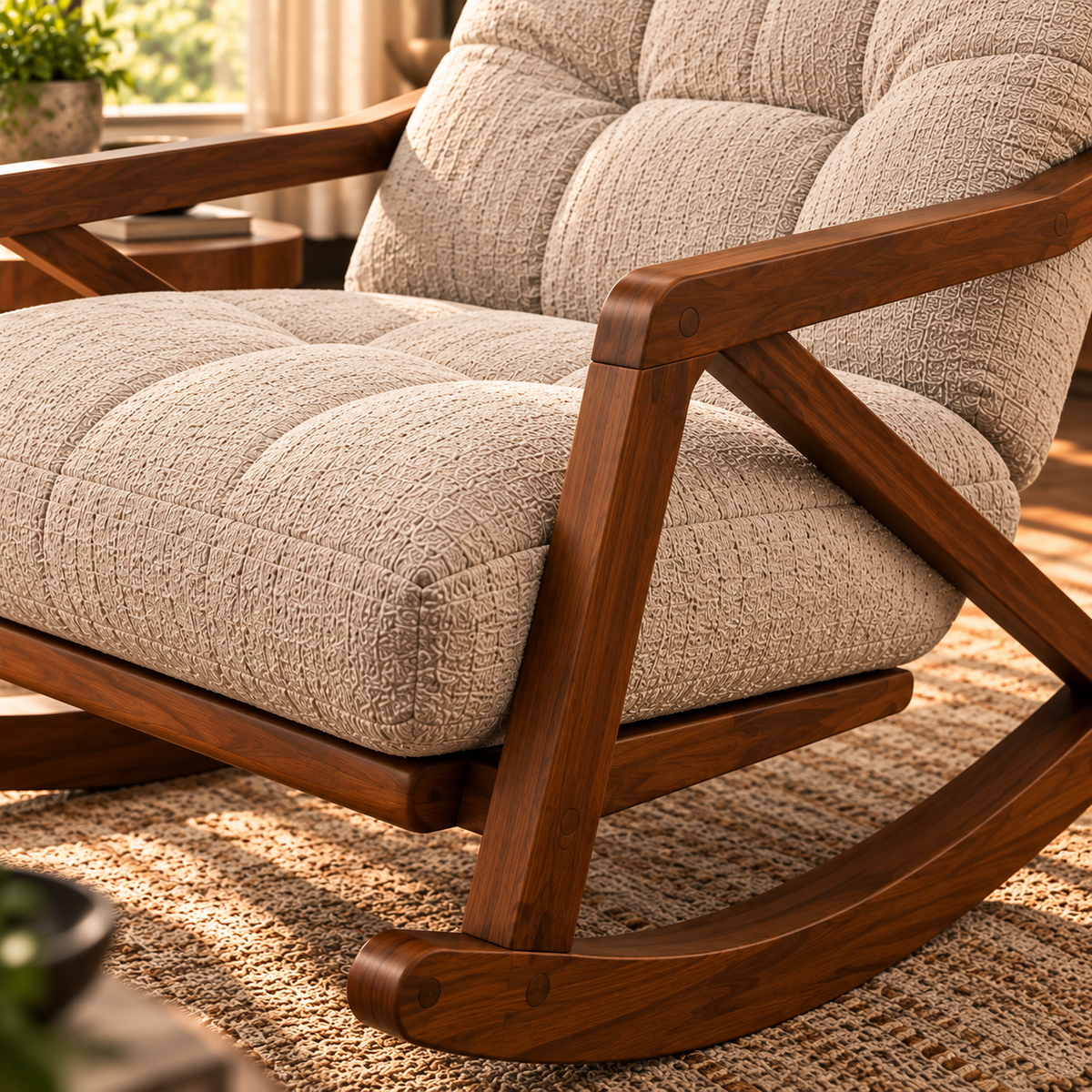 Modern Wooden Rocking Chair with Beige Tufted Cushions, Walnut Finish Frame, Upholstered Lounge Chair for Living Room