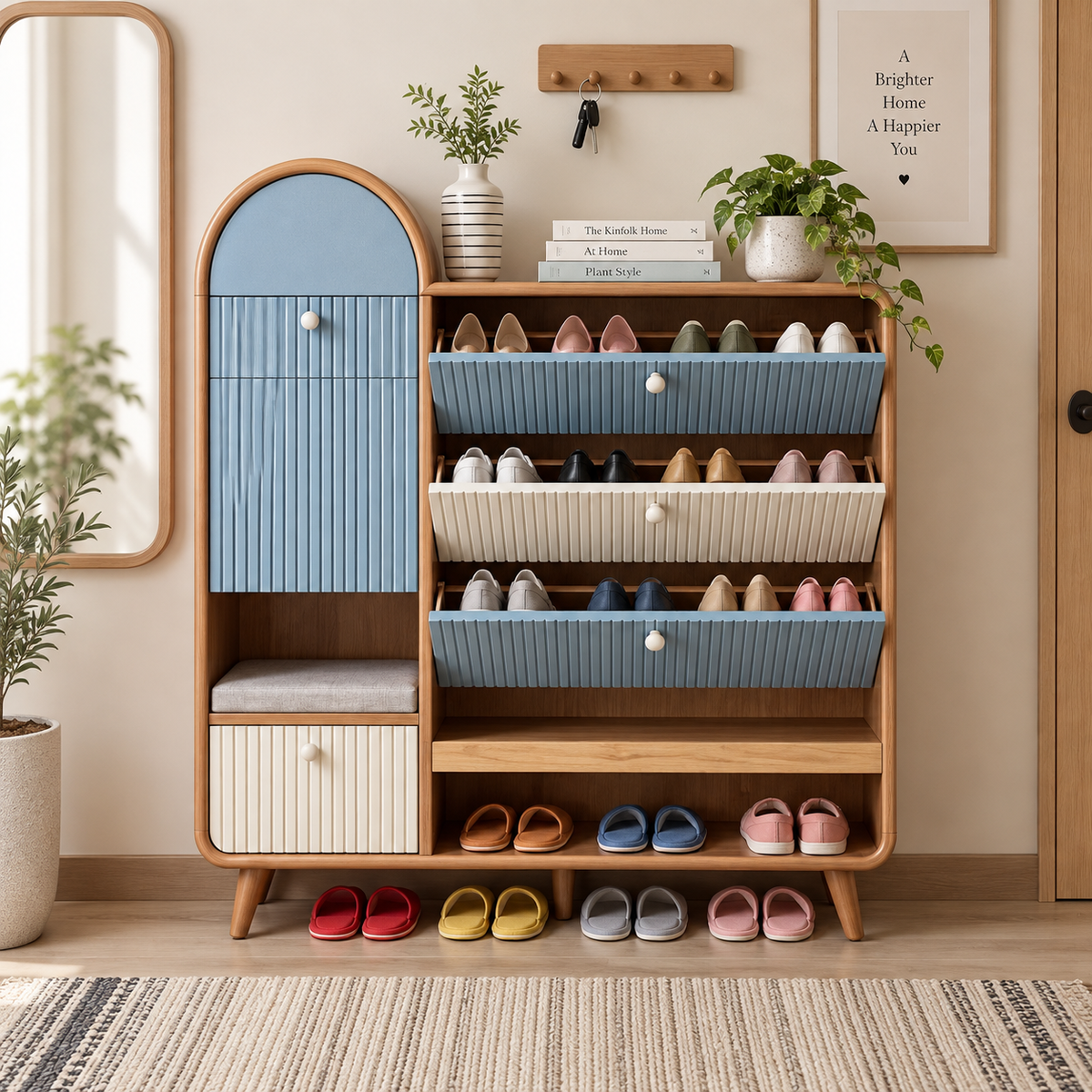 Modern Wooden Shoe Rack with Cushioned Seat  Blue & Cream Ribbed Shoe Cabinet  Entryway Shoe Organizer with Storage