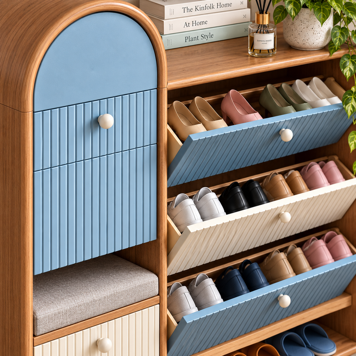 Modern Wooden Shoe Rack with Cushioned Seat  Blue & Cream Ribbed Shoe Cabinet  Entryway Shoe Organizer with Storage