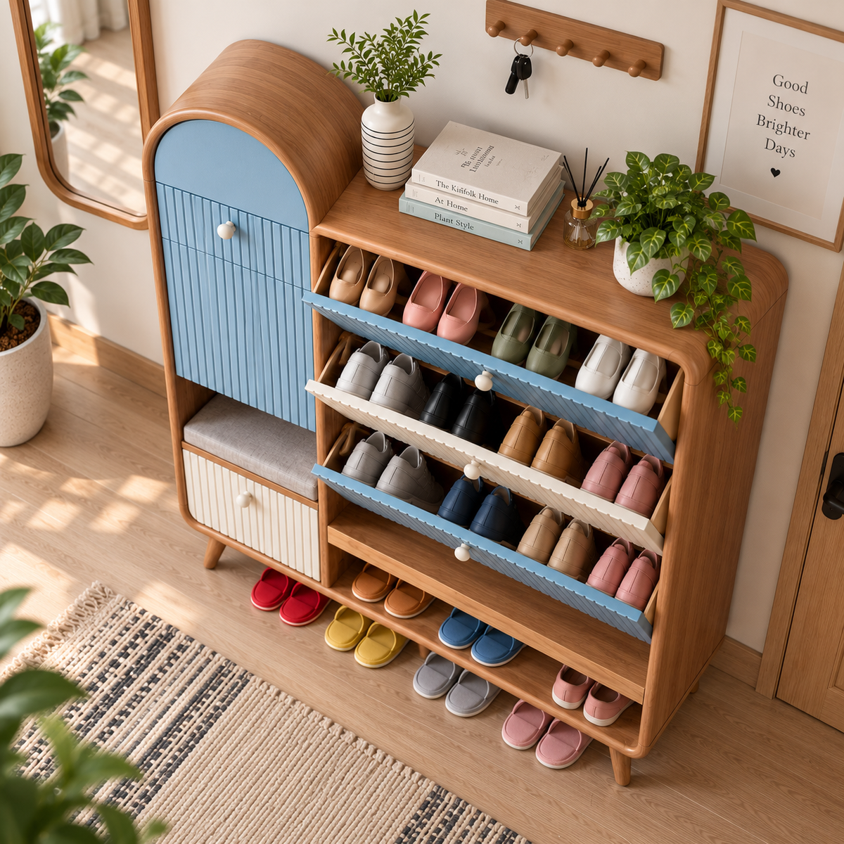 Modern Wooden Shoe Rack with Cushioned Seat  Blue & Cream Ribbed Shoe Cabinet  Entryway Shoe Organizer with Storage