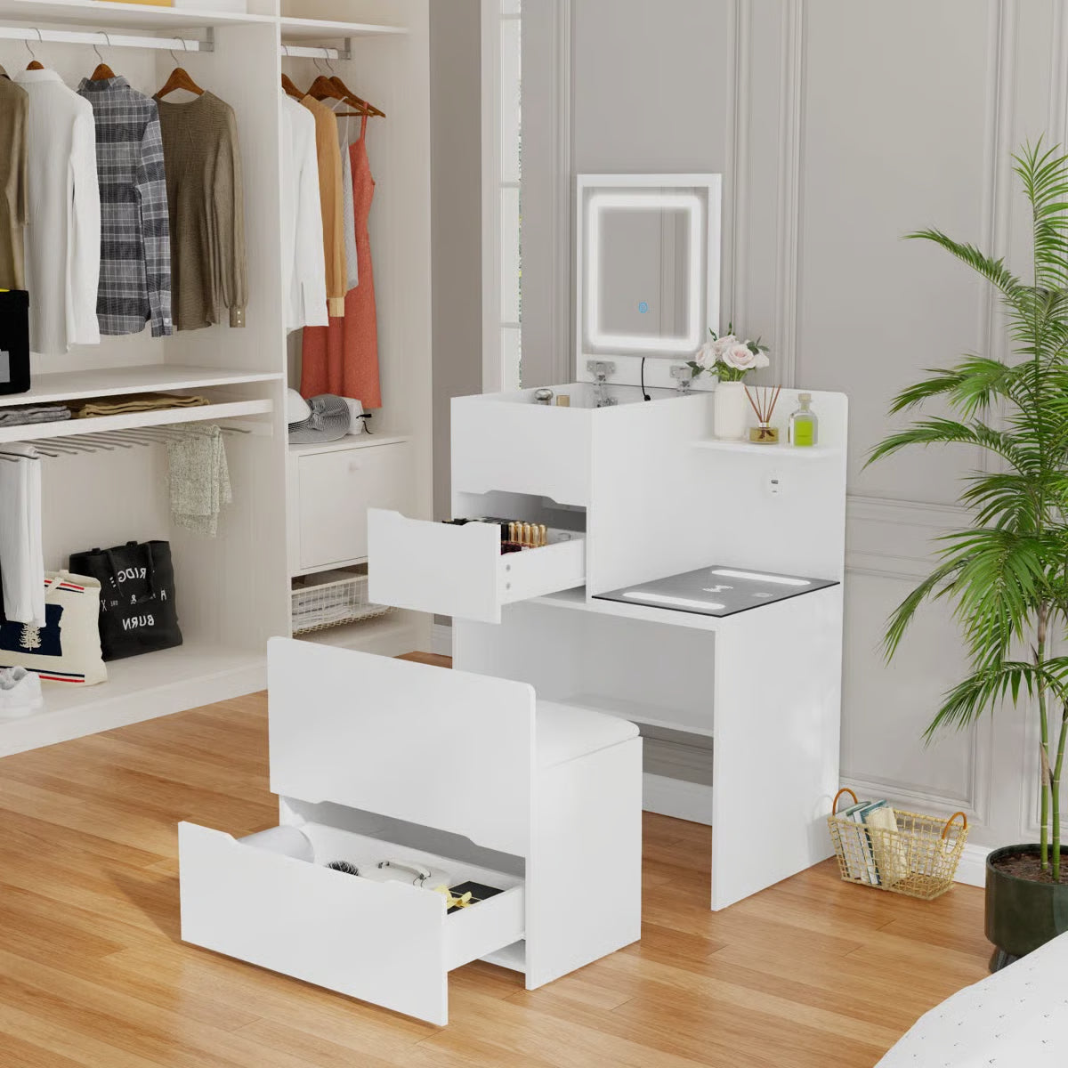 Modern 2-Drawer Flip-Top Makeup Vanity Table With Wireless Charging, LED Mirror, Upholstered Stool, White Socket