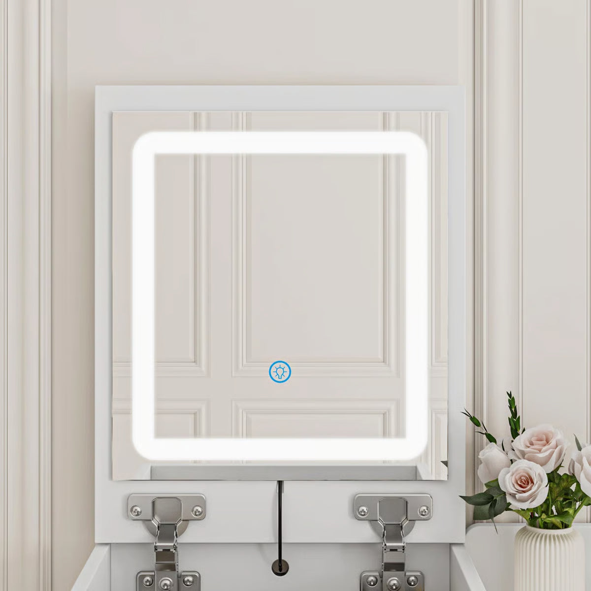 Modern 2-Drawer Flip-Top Makeup Vanity Table With Wireless Charging, LED Mirror, Upholstered Stool, White Socket