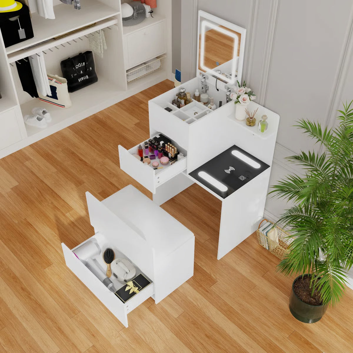 Modern 2-Drawer Flip-Top Makeup Vanity Table With Wireless Charging, LED Mirror, Upholstered Stool, White Socket