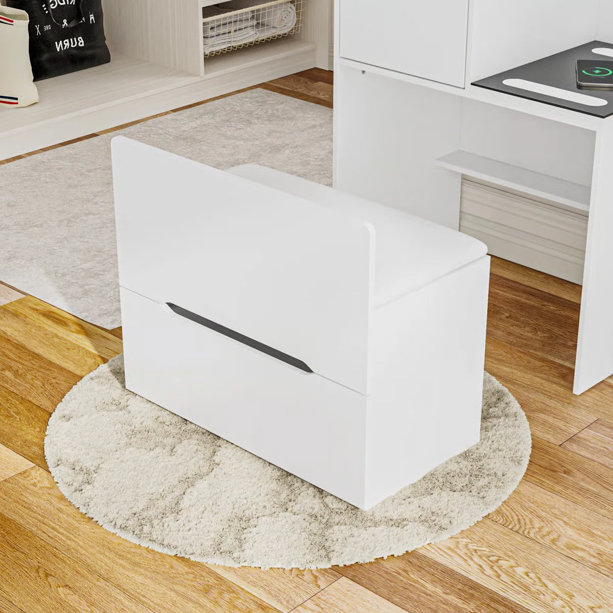 Modern 2-Drawer Flip-Top Makeup Vanity Table With Wireless Charging, LED Mirror, Upholstered Stool, White Socket