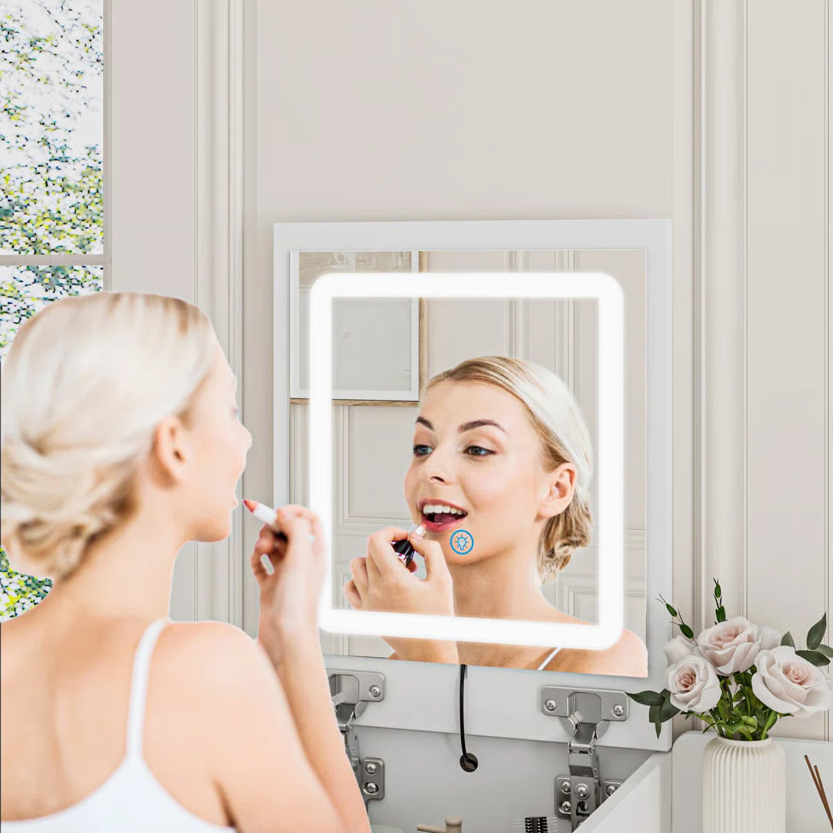 Modern 2-Drawer Flip-Top Makeup Vanity Table With Wireless Charging, LED Mirror, Upholstered Stool, White Socket