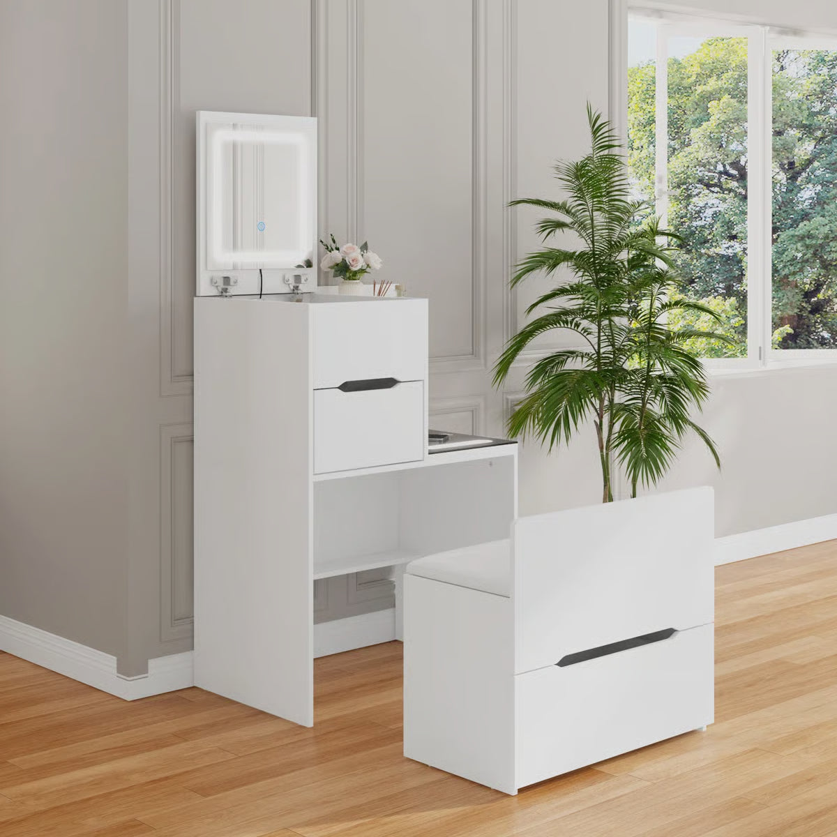 Modern 2-Drawer Flip-Top Makeup Vanity Table With Wireless Charging, LED Mirror, Upholstered Stool, White Socket