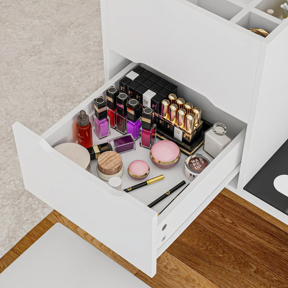 Modern 2-Drawer Flip-Top Makeup Vanity Table With Wireless Charging, LED Mirror, Upholstered Stool, White Socket