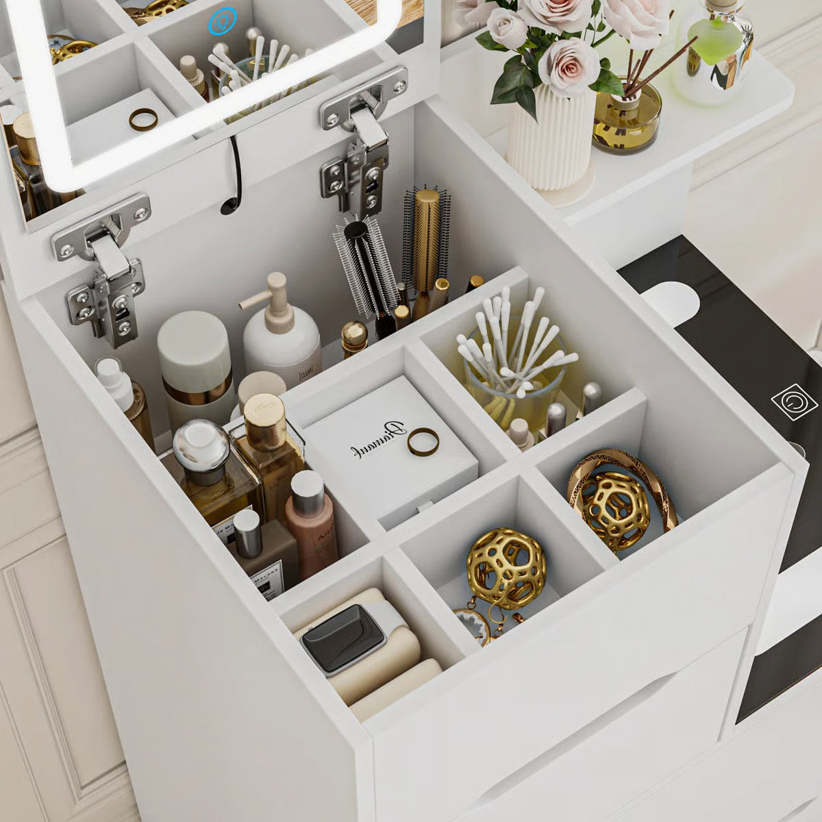 Modern 2-Drawer Flip-Top Makeup Vanity Table With Wireless Charging, LED Mirror, Upholstered Stool, White Socket