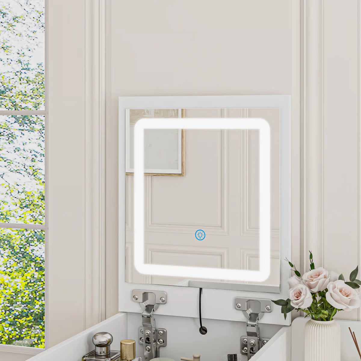 Modern 2-Drawer Flip-Top Makeup Vanity Table With Wireless Charging, LED Mirror, Upholstered Stool, White Socket