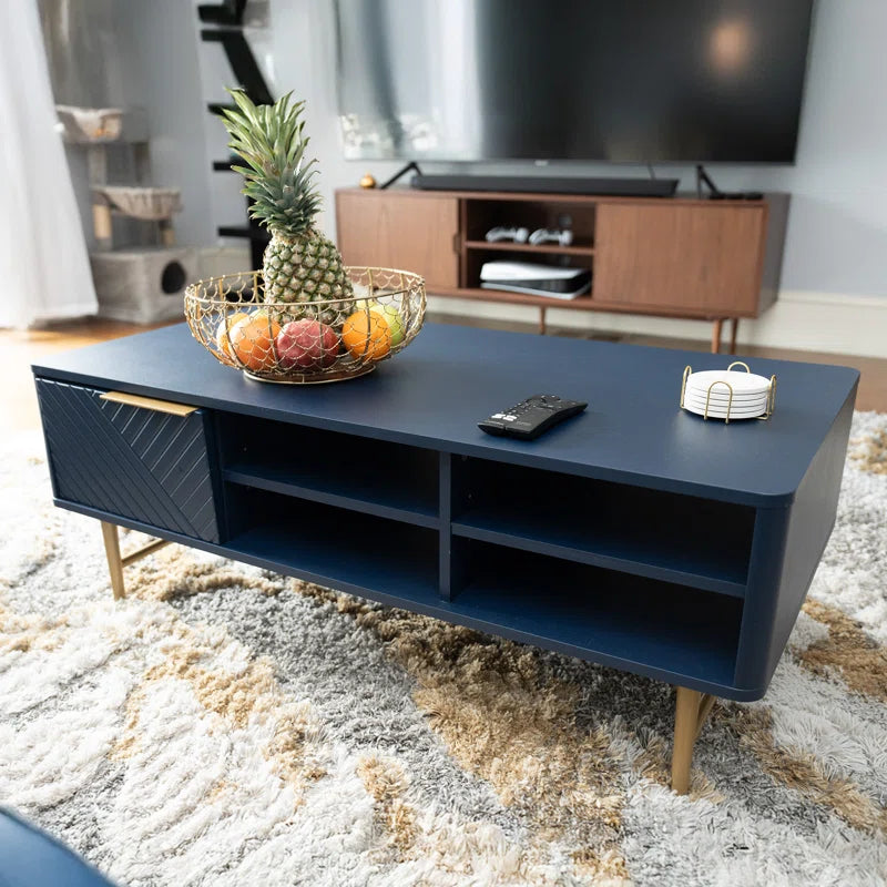 Modern Coffee Table With Storage - Dark Blue Matte Finish With Gold-Tipped Legs