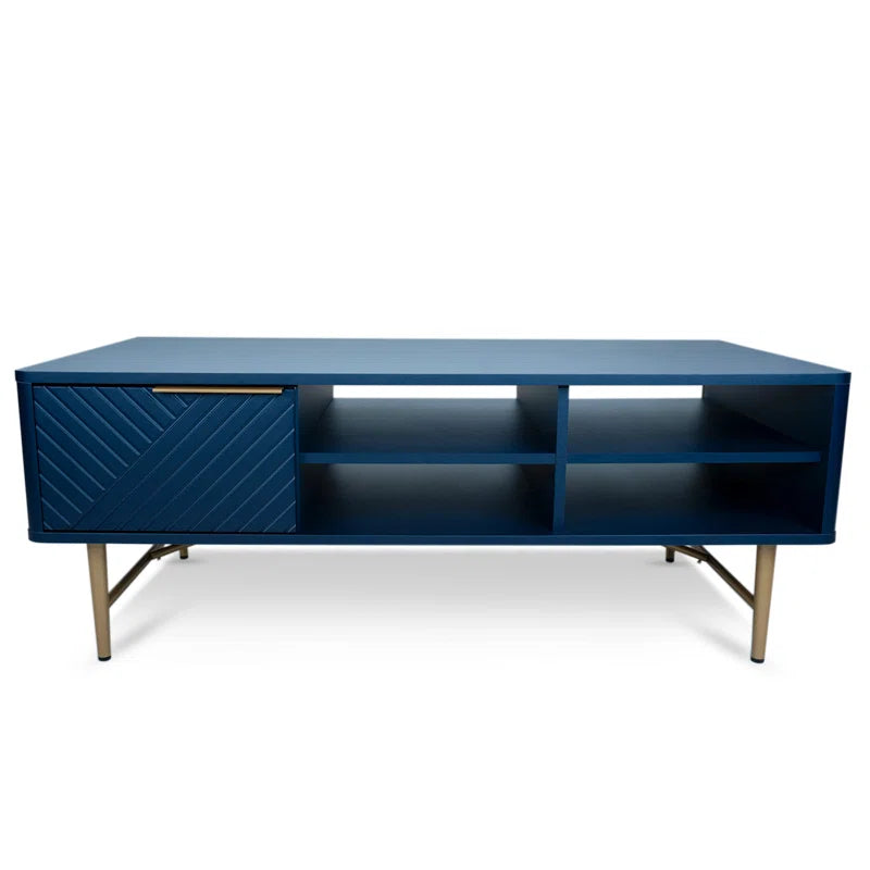 Modern Coffee Table With Storage - Dark Blue Matte Finish With Gold-Tipped Legs