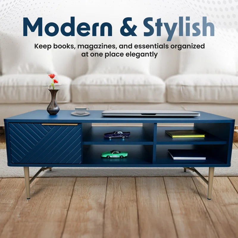 Modern Coffee Table With Storage - Dark Blue Matte Finish With Gold-Tipped Legs