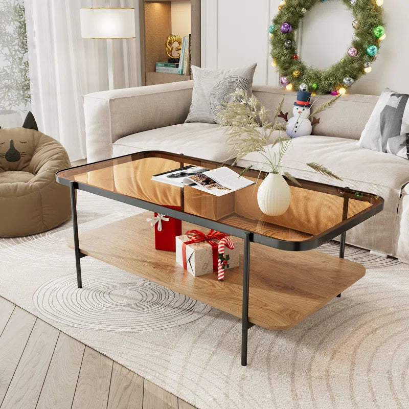 Modern 2-Tier Glass Coffee Table with Tempered Glass Top & Wooden Shelf | Stylish Center Table with Metal Legs
