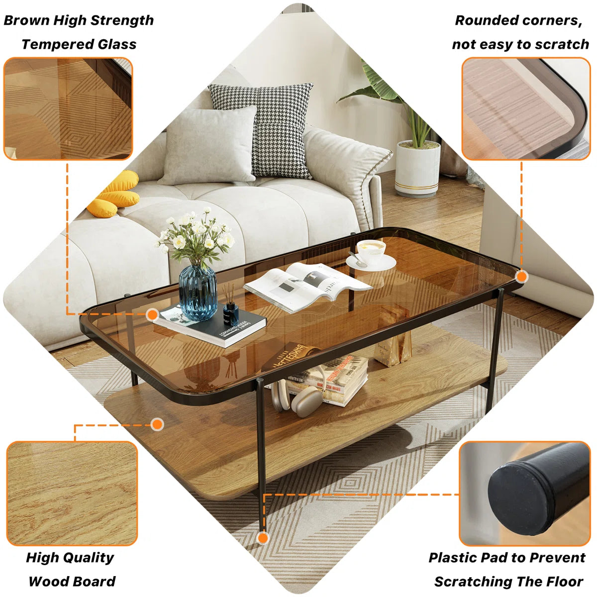 Modern 2-Tier Glass Coffee Table with Tempered Glass Top & Wooden Shelf | Stylish Center Table with Metal Legs