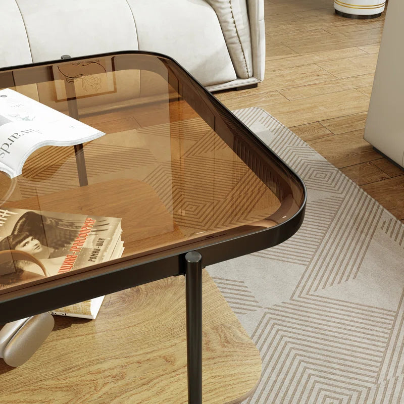 Modern 2-Tier Glass Coffee Table with Tempered Glass Top & Wooden Shelf | Stylish Center Table with Metal Legs