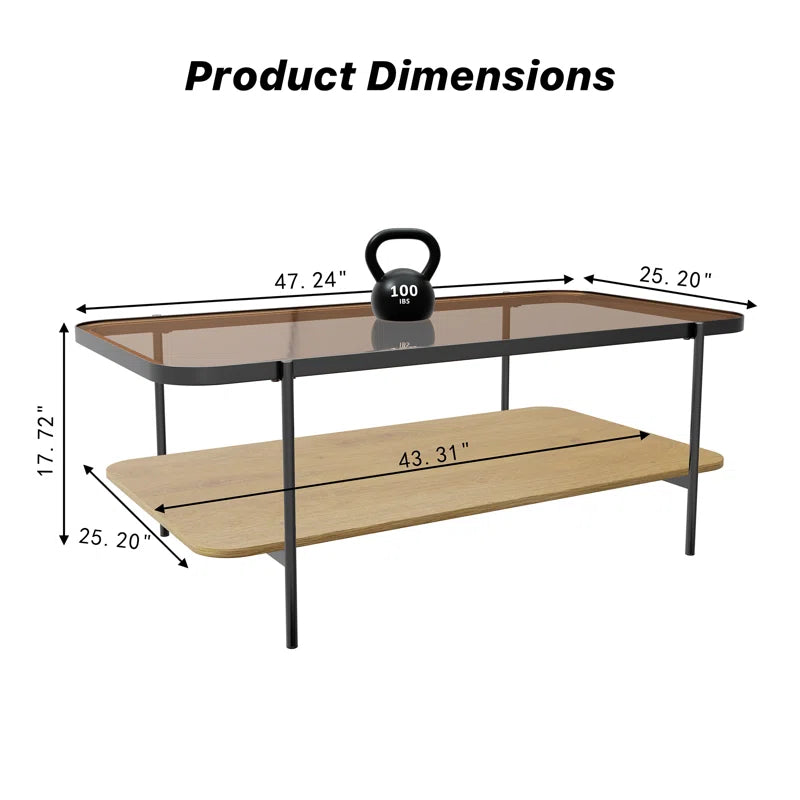 Modern 2-Tier Glass Coffee Table with Tempered Glass Top & Wooden Shelf | Stylish Center Table with Metal Legs