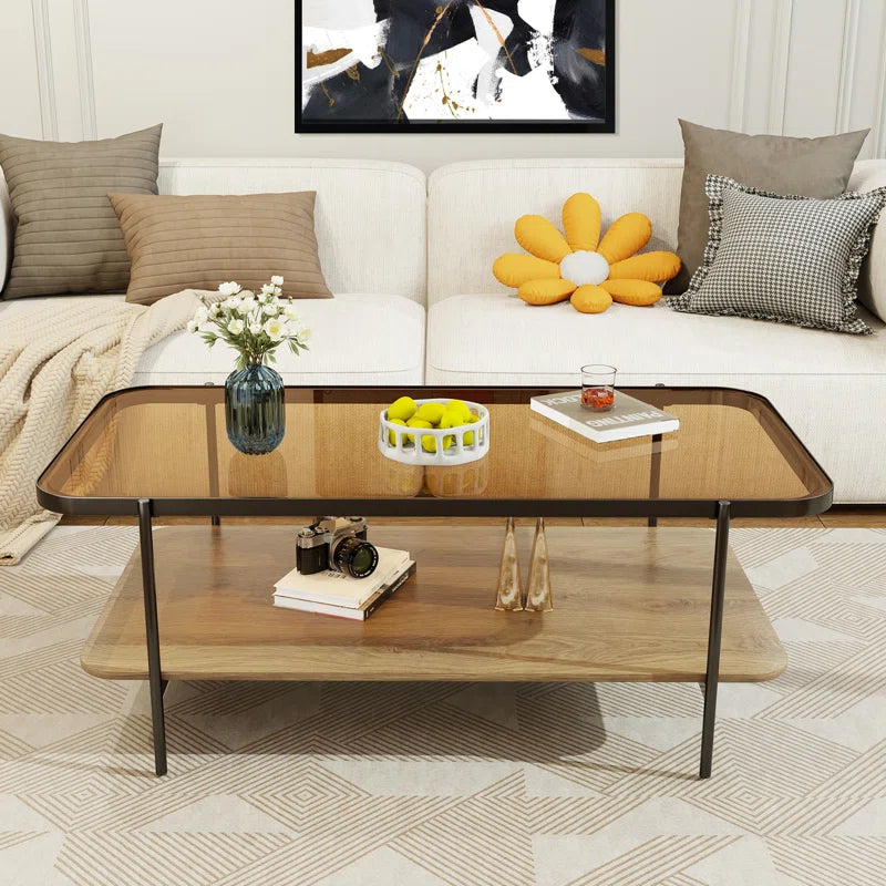 Modern 2-Tier Glass Coffee Table with Tempered Glass Top & Wooden Shelf | Stylish Center Table with Metal Legs