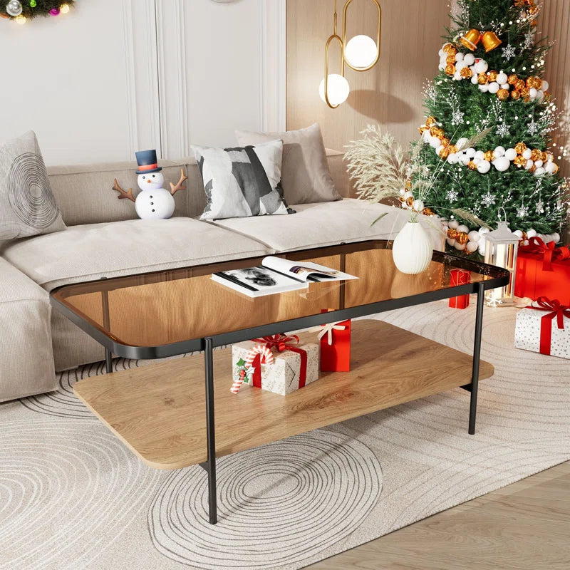 Modern 2-Tier Glass Coffee Table with Tempered Glass Top & Wooden Shelf | Stylish Center Table with Metal Legs