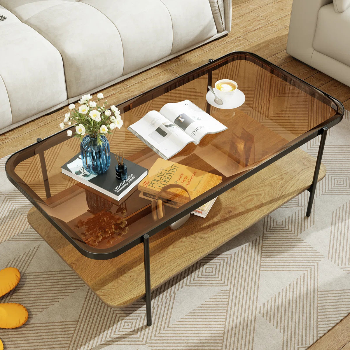 Modern 2-Tier Glass Coffee Table with Tempered Glass Top & Wooden Shelf | Stylish Center Table with Metal Legs