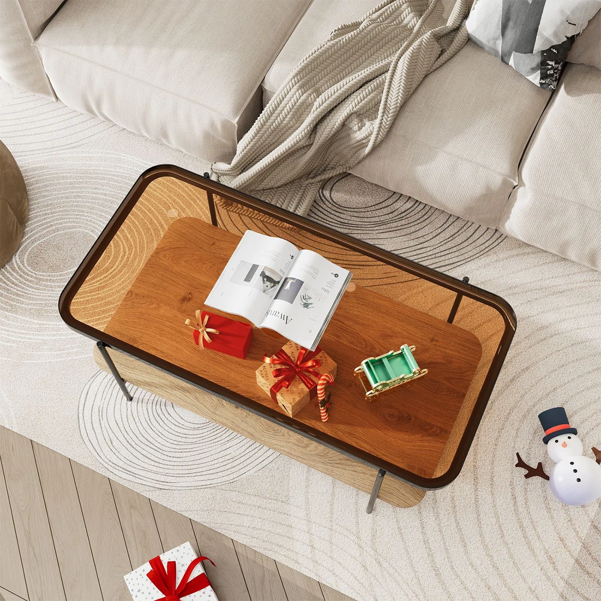 Modern 2-Tier Glass Coffee Table with Tempered Glass Top & Wooden Shelf | Stylish Center Table with Metal Legs