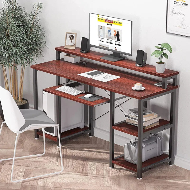 Home Office Computer Writing Study Desk with Storage Shelves and Keyboard Tray