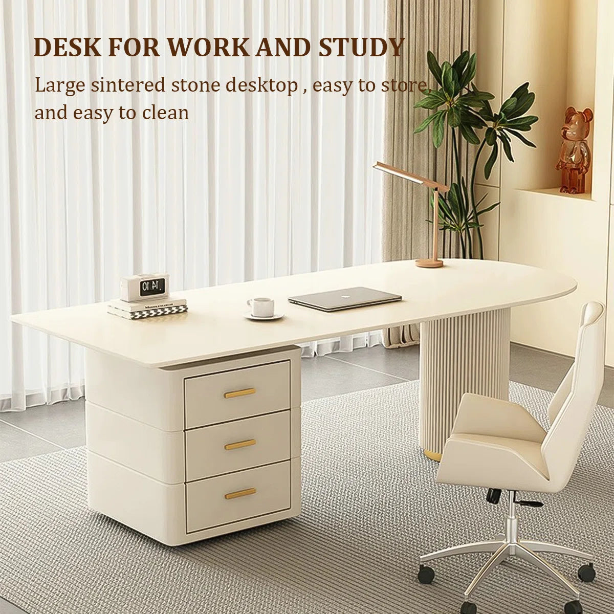 Modern Minimalist Sintered Stone Executive Desk with 3-Drawer Storage Cabinet | Heat & Scratch Resistant Office Table