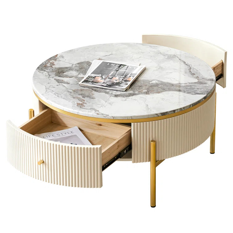 Modern Round Coffee Table with 2 Large Drawers Storage
