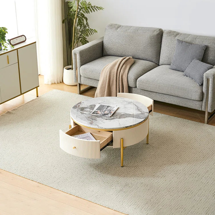 Modern Round Coffee Table with 2 Large Drawers Storage