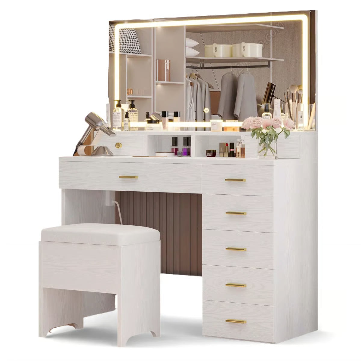 Wide 39.3" Modern Vanity Desk with LED Mirror, 8 Drawers, Adjustable Lights, and Built-In Charging Station- OUCH CART | Dressing table 