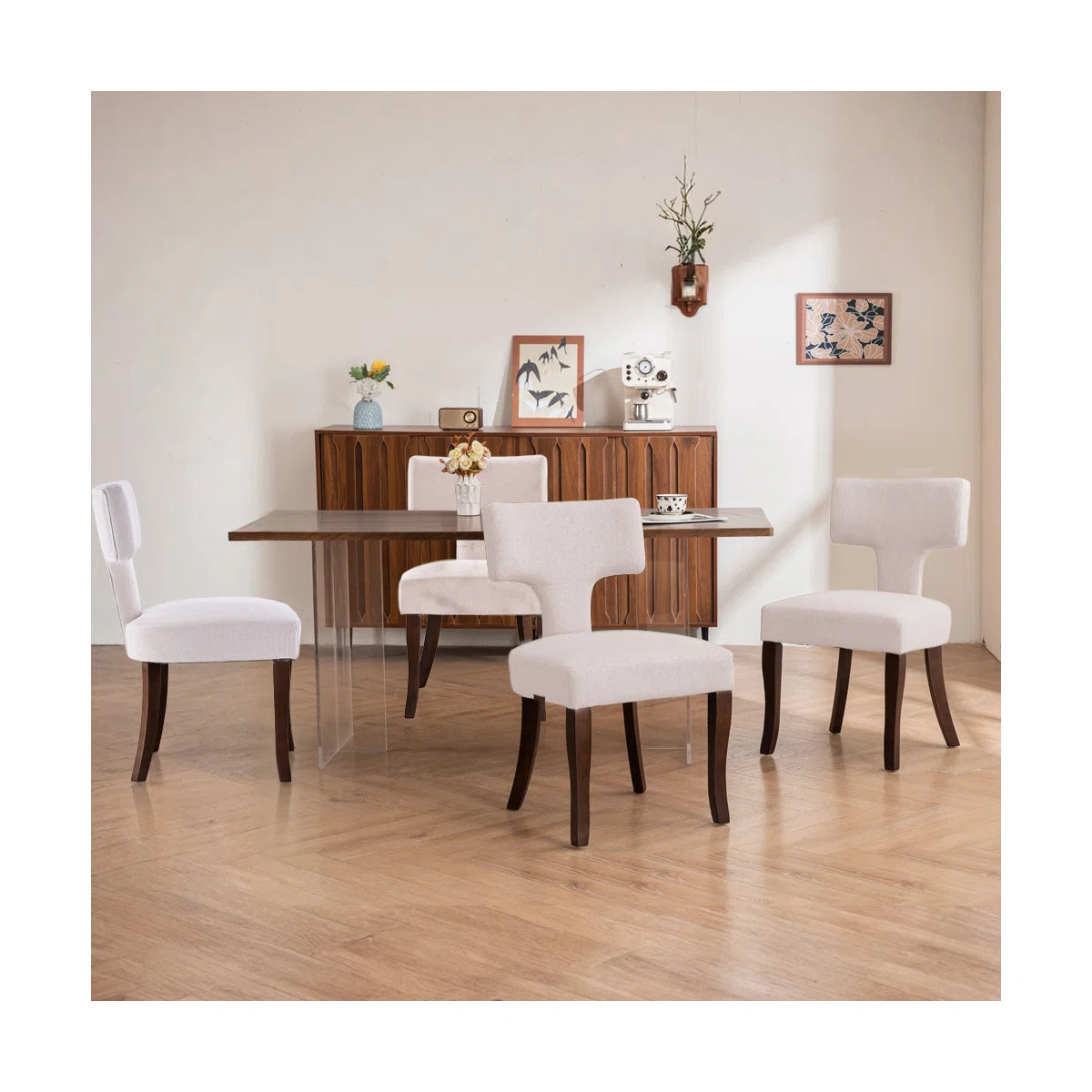 Modern Upholstered Dining Chairs Set of 2 with Curved Backrest & Wooden Legs