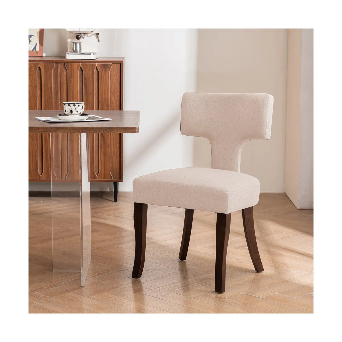 Modern Upholstered Dining Chairs Set of 2 with Curved Backrest & Wooden Legs