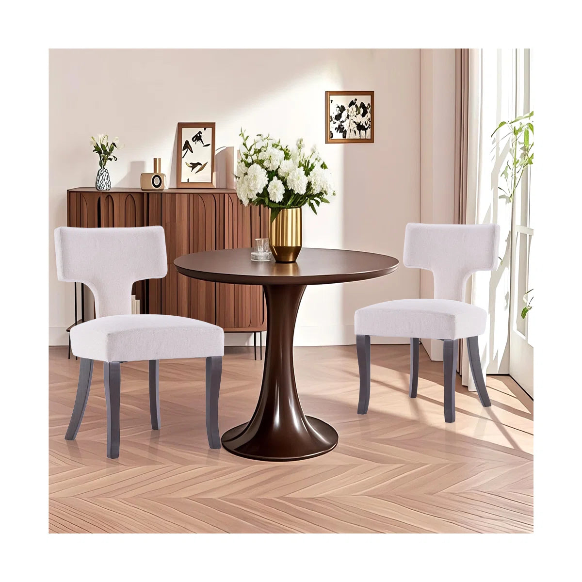 Modern Upholstered Dining Chairs Set of 2 with Curved Backrest & Wooden Legs