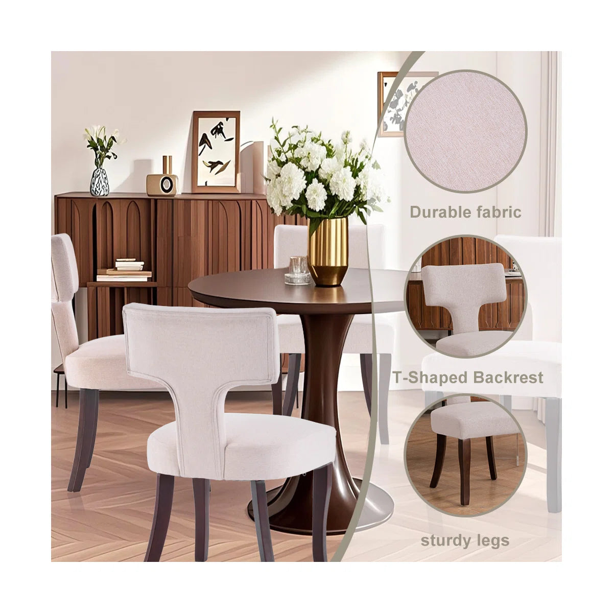 Modern Upholstered Dining Chairs Set of 2 with Curved Backrest & Wooden Legs