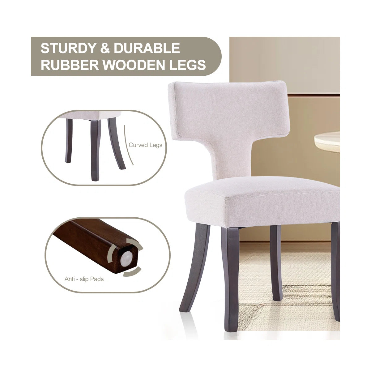 Modern Upholstered Dining Chairs Set of 2 with Curved Backrest & Wooden Legs