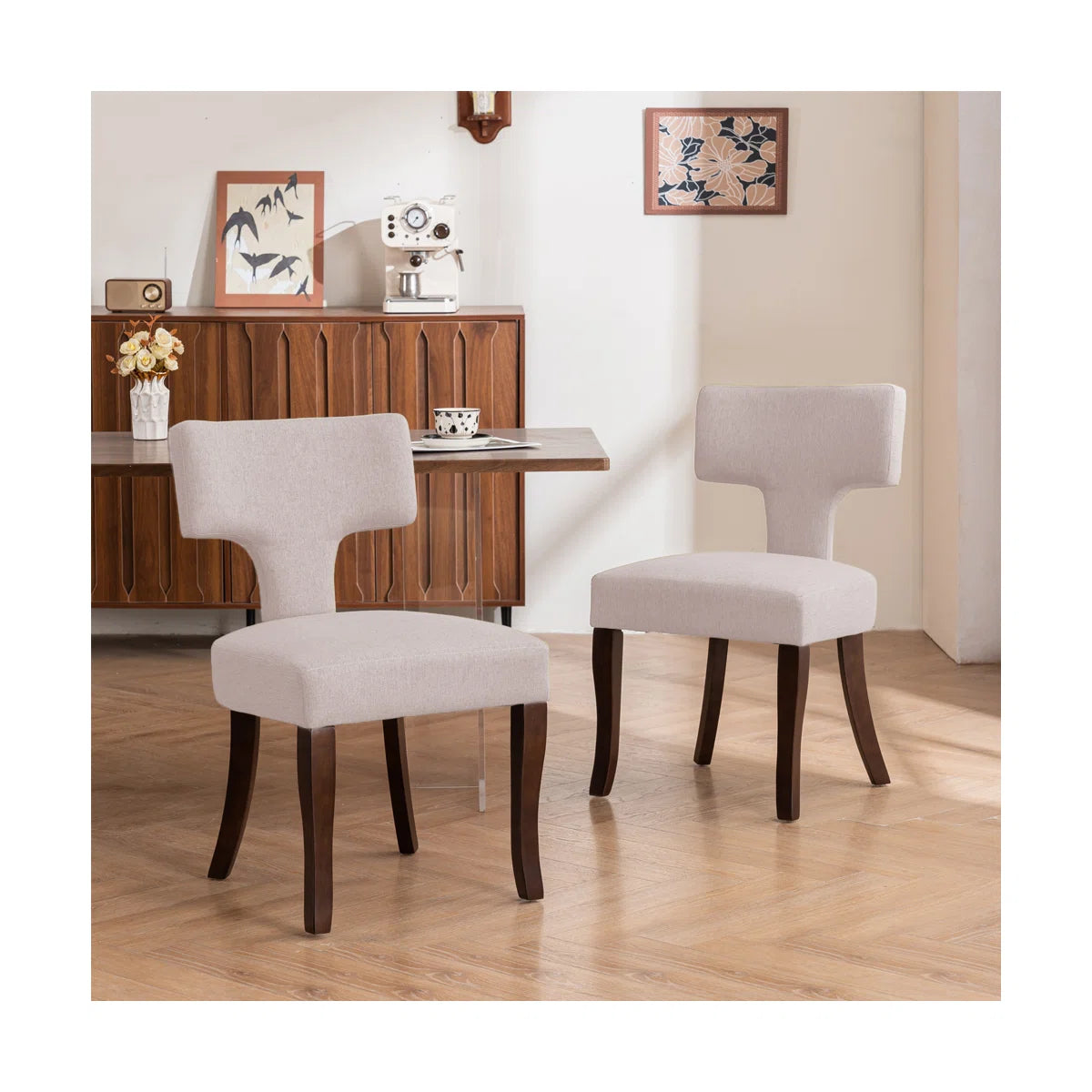 Modern Upholstered Dining Chairs Set of 2 with Curved Backrest & Wooden Legs