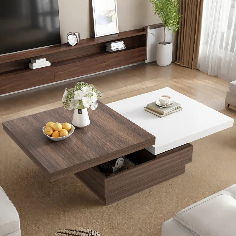 Modern Square Coffee Table with Rotatable Top, Two Colors Matching and 1 Hidden Storage Space