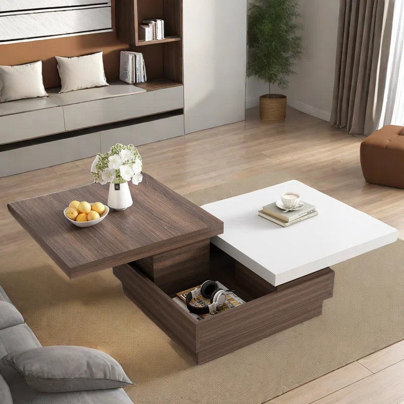 Modern Square Coffee Table with Rotatable Top, Two Colors Matching and 1 Hidden Storage Space