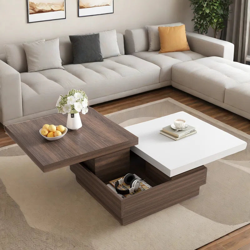 Modern Square Coffee Table with Rotatable Top, Two Colors Matching and 1 Hidden Storage Space