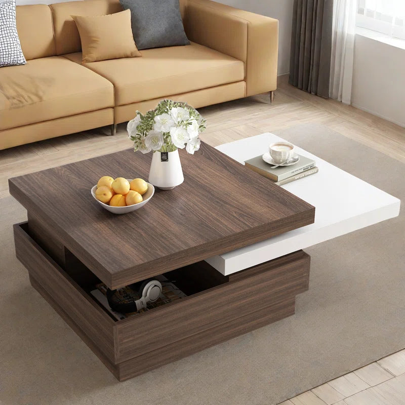 Modern Square Coffee Table with Rotatable Top, Two Colors Matching and 1 Hidden Storage Space