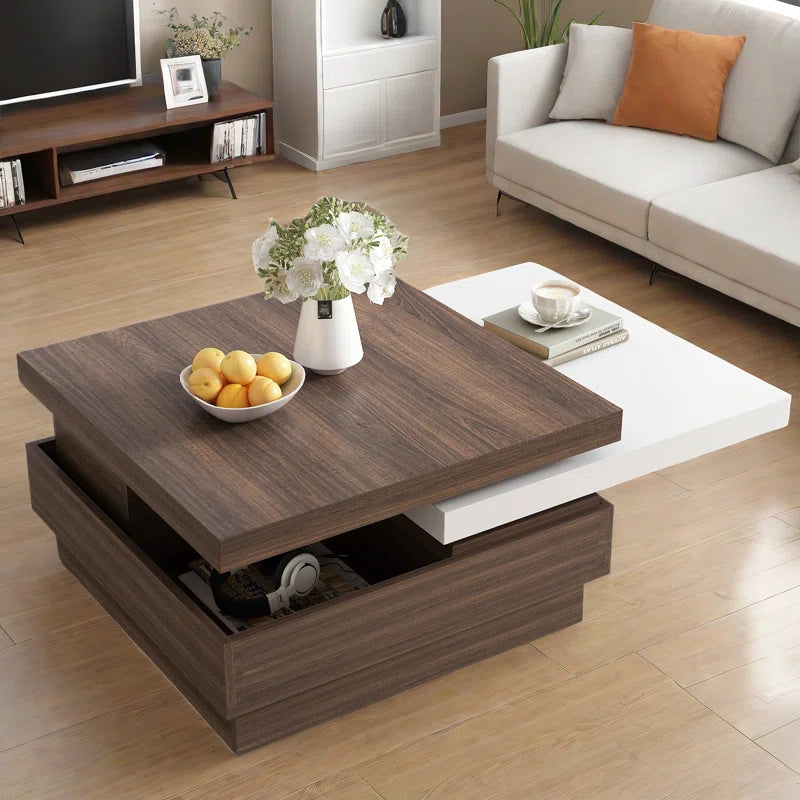 Modern Square Coffee Table with Rotatable Top, Two Colors Matching and 1 Hidden Storage Space