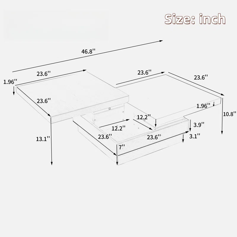 Modern Square Coffee Table with Rotatable Top, Two Colors Matching and 1 Hidden Storage Space
