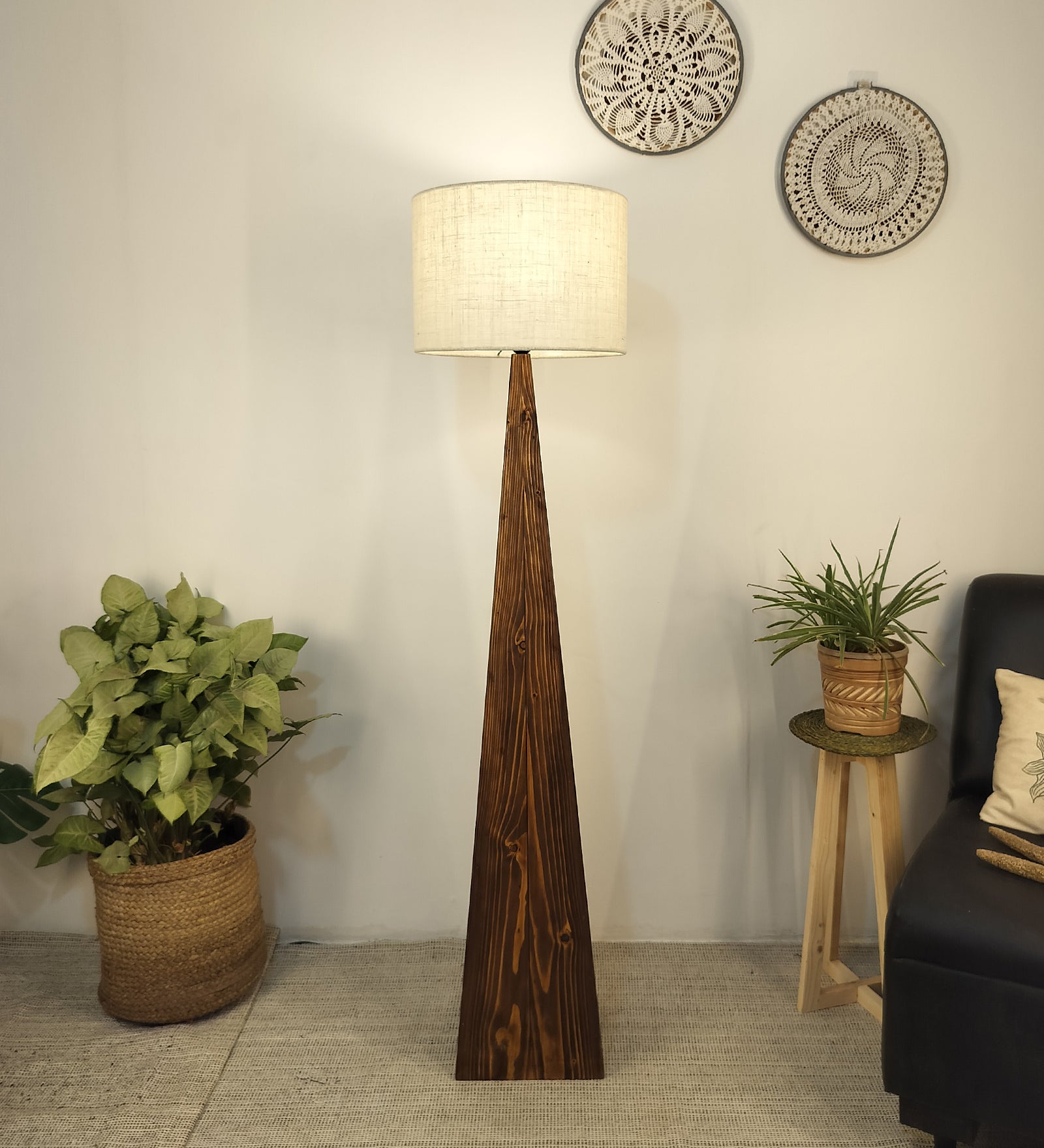 Monolith Wooden Floor Lamp with Brown Base and Jute Fabric Lampshade