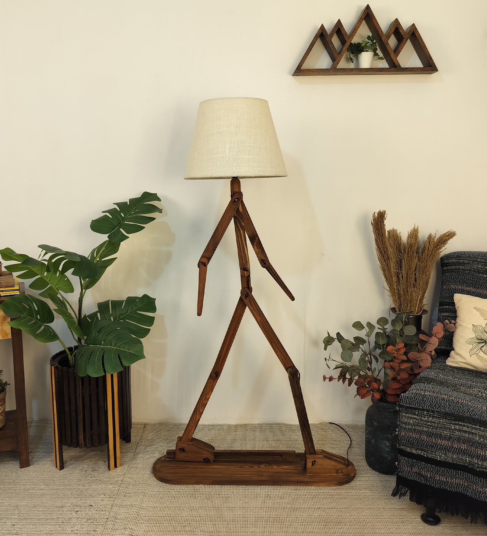 Moonwalker Wooden Floor Lamp with Brown Base and Premium Beige Fabric Lampshade (BULB NOT INCLUDED)