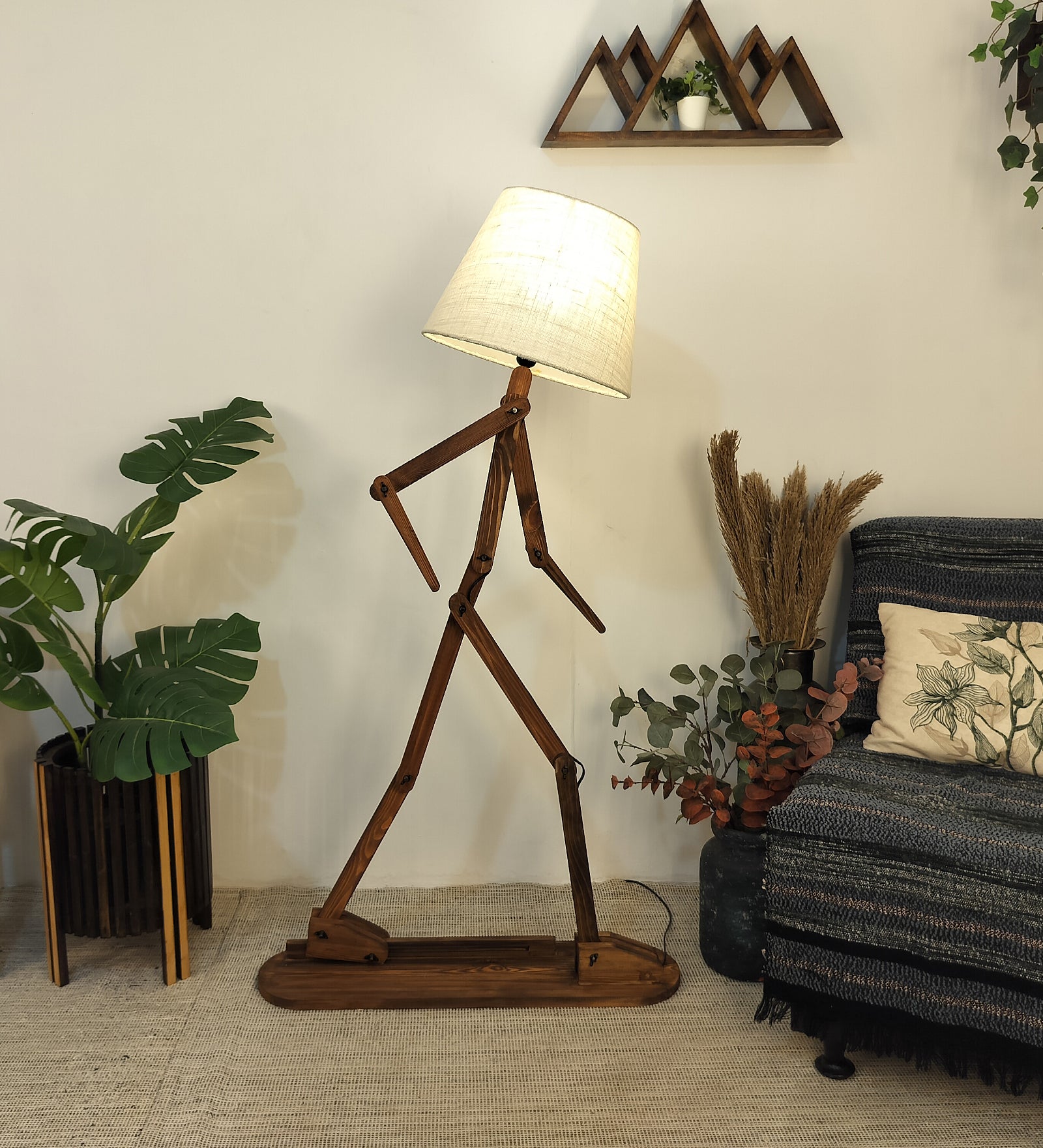 Moonwalker Wooden Floor Lamp with Brown Base and Premium Beige Fabric Lampshade (BULB NOT INCLUDED)