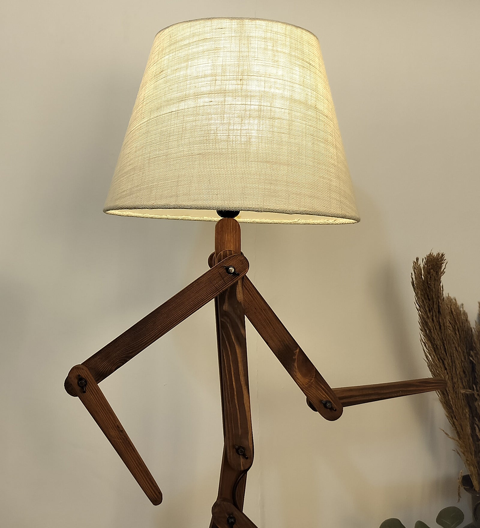 Moonwalker Wooden Floor Lamp with Brown Base and Premium Beige Fabric Lampshade (BULB NOT INCLUDED)