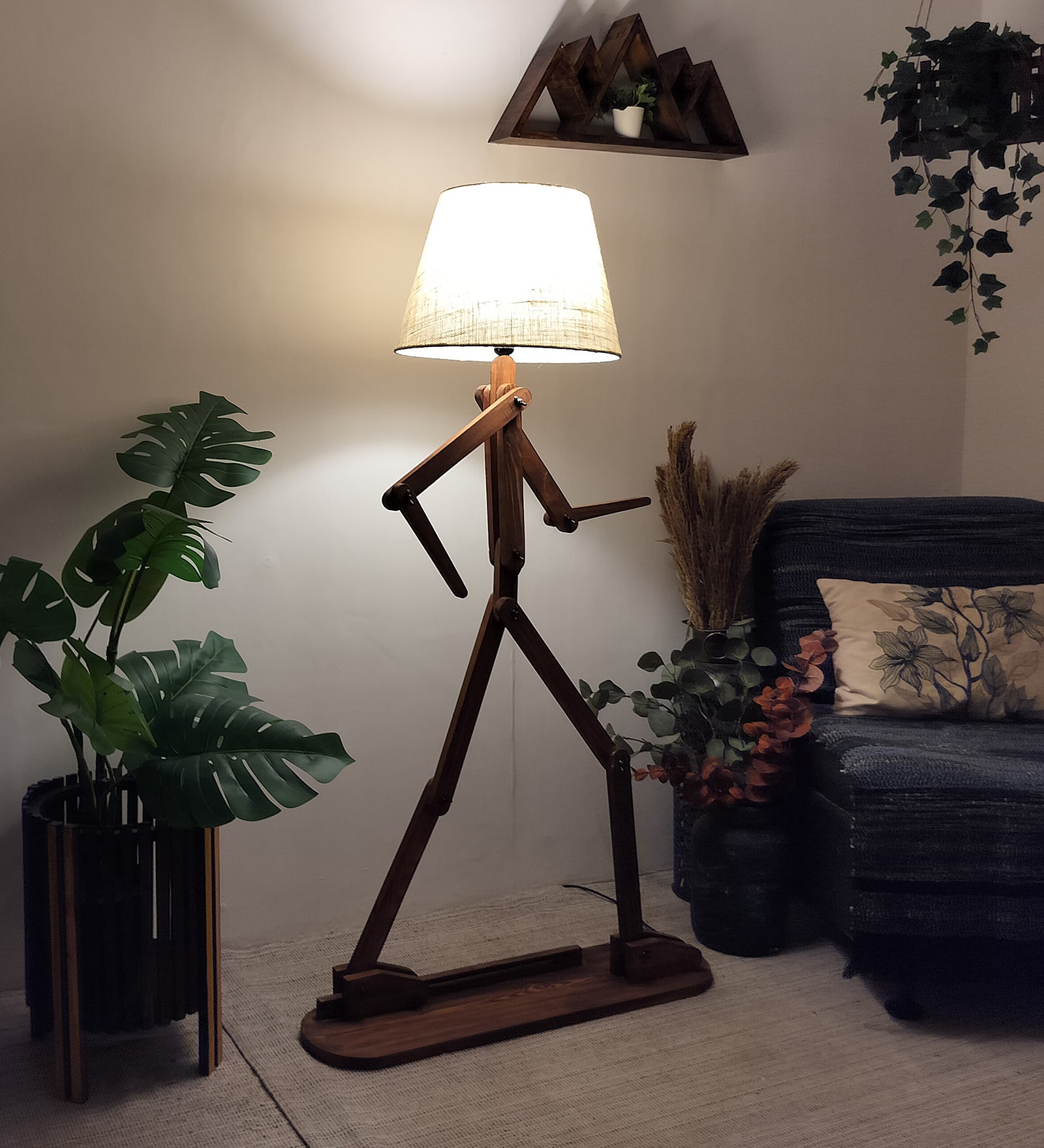 Moonwalker Wooden Floor Lamp with Brown Base and Premium Beige Fabric Lampshade (BULB NOT INCLUDED)