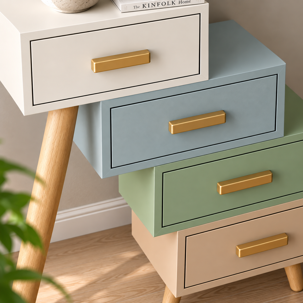 Multicolor Scandinavian Chest of Drawers with Brass Handles & Wooden Legs  Bedroom & Living Room Furniture
